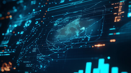 Futuristic Digital Interface Modern Data Screen with Global Indicators, Data Streams, and Complex Forecasting Models