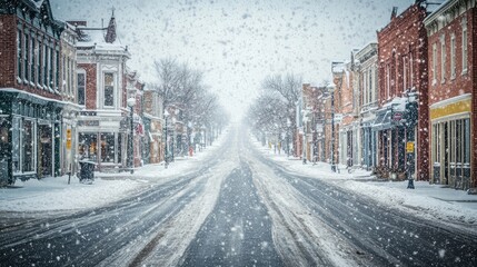 A snowstorm blankets a quiet deserted street in a small town during wintertime