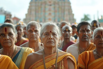 Obraz premium Devotees of Tamil descent participate in a vibrant cultural festival in front of a temple, expressing devotion and unity during the celebration