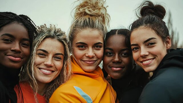 Five women pose for a photo, smiling brightly and looking at the camera