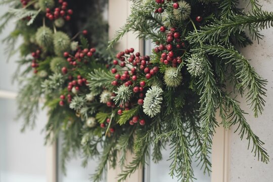Festive winter holiday wreath with pine cones and red berries for seasonal decoration.