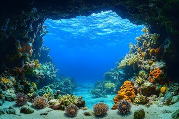 Obraz premium Underwater cave view with coral reef and sea urchins in clear ocean waters