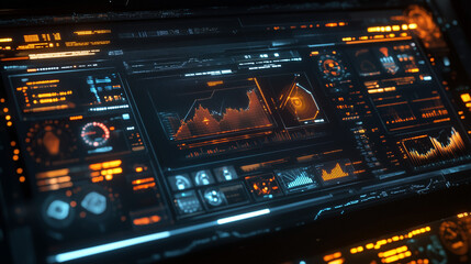 Fototapeta premium Futuristic Digital Interface Modern Data Screen with Global Indicators, Data Streams, and Complex Forecasting Models