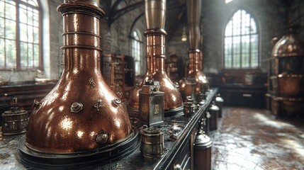 Copper stills in a historic distillery with wood beams and large windows.