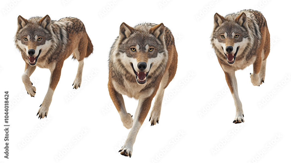 Poster ferocious wolves in a collection of front views on a clear background generative ai