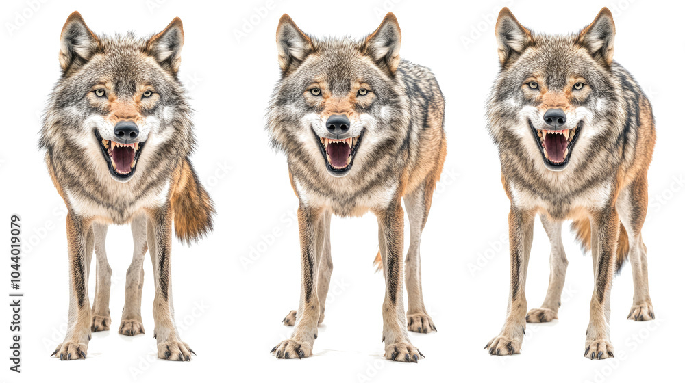 Poster ferocious wolves in fierce poses isolated on transparent background generative ai