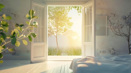 a room with a large open door and a potted plant in the doorway