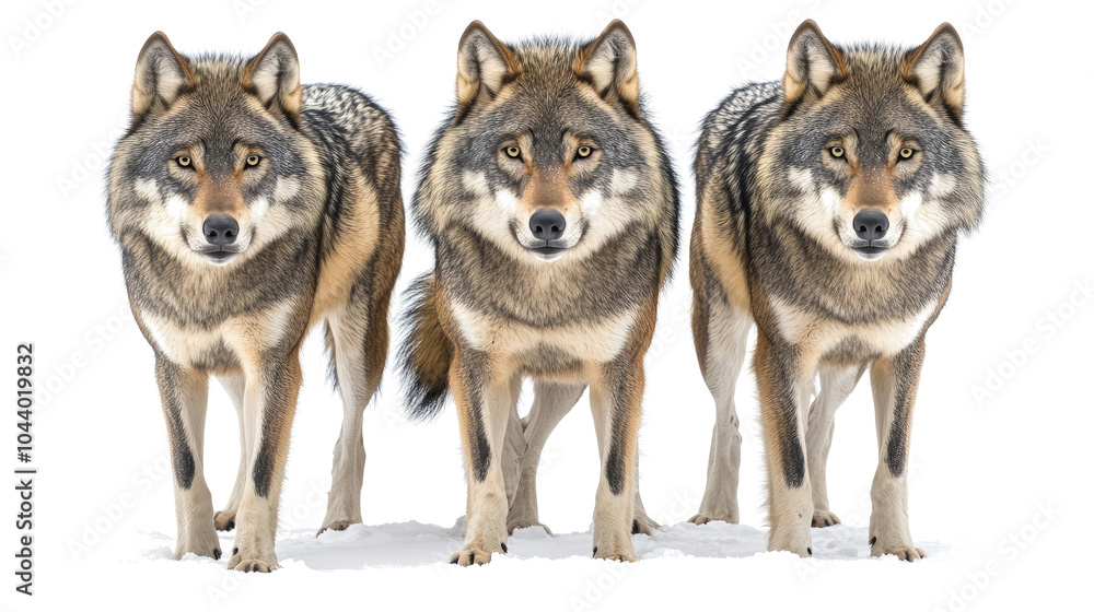 Poster front view of three ferocious wolves on a transparent background generative ai