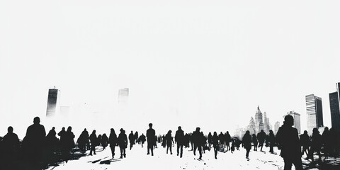 A bustling New York City skyline silhouette on a white background illustrates urban life in a minimalist style