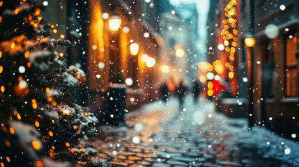 Fototapeta premium Snow blankets cobblestone streets in a charming village during Christmas night with soft lights glowing softly