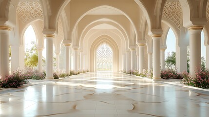 Fototapeta premium A long, white hallway with arches and columns, leading to a doorway with an ornate design. Sunlight streams through the arches, illuminating the marble floor.