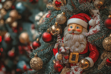 Obraz premium Festive decorations with Santa figurine adorning a beautifully adorned Christmas tree. Generative AI