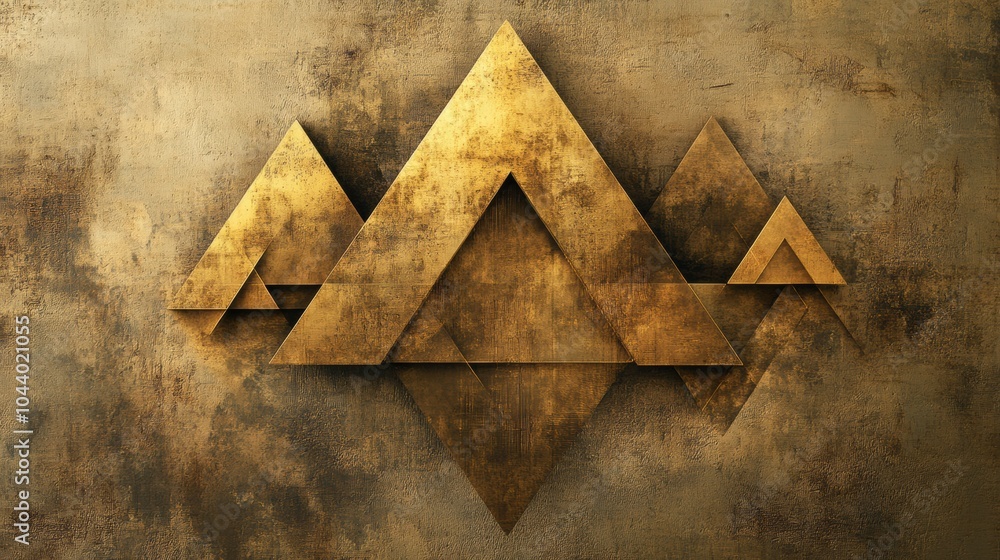 Fototapete Three distinct asymmetrical triangles in golden hues contrast against a richly textured backdrop, creating an intriguing visual effect. Generative AI