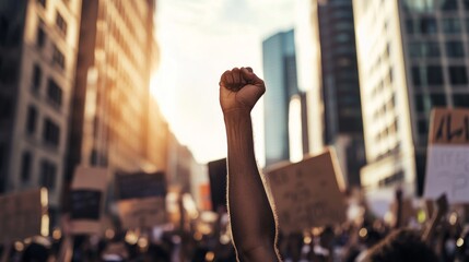 Racial justice protest in city streets, Portraying activism and unity against racial discrimination, photography style