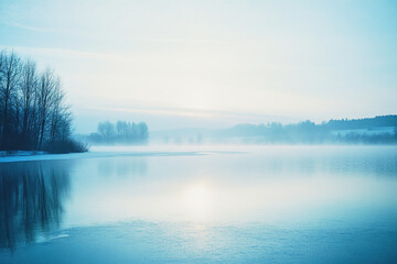 Fototapeta premium Serene winter landscape featuring a frozen lake and rising mist in the early morning light