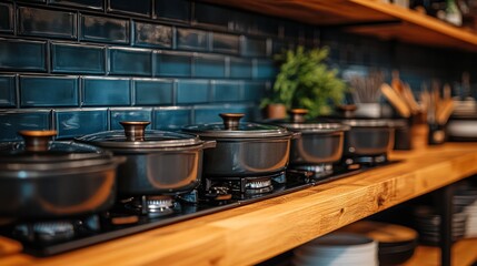 Modern kitchen with pots on a wooden shelf.