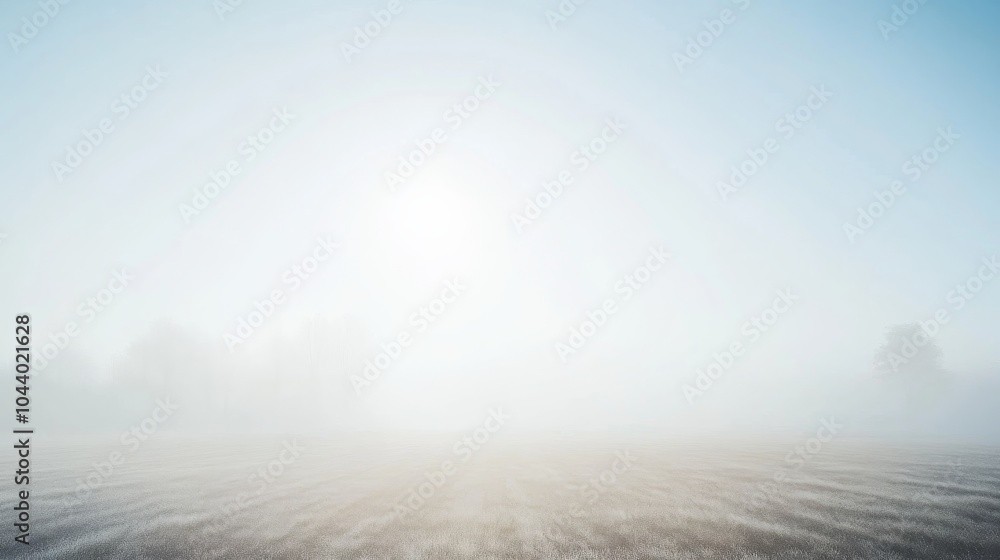 Poster Soft fog blankets the field at dawn with trees shrouded in a dreamy atmosphere
