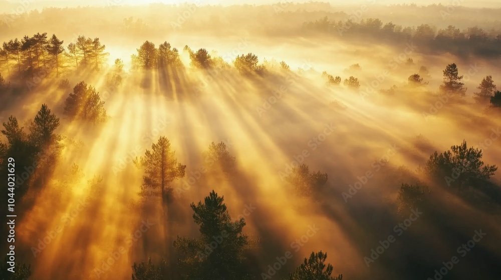 Poster soft fog envelops the forest as sunlight streams through trees at dawn