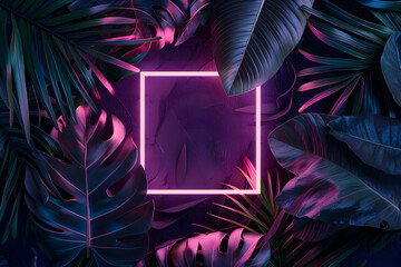 Abstract minimalist photography, a white neon square frame surrounded by tropical leaves, a dark violet background