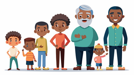 Fototapeta premium African man of different life stages cartoon characters. Baby, child, teenager, adult, mature and old persons vector illustration isolated