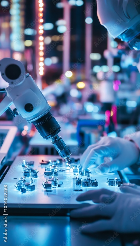 Poster technician programming microchip on robotic arm in laboratory, innovation, and technology.