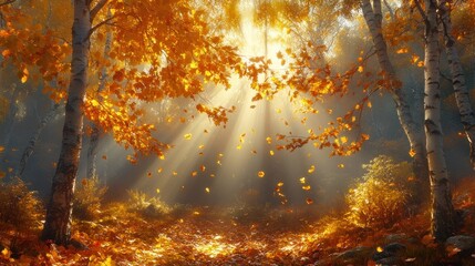 Golden autumn leaves falling in a forest with sunlight streaming through the trees.