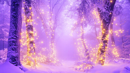 Fototapeta premium A mystical purple winter forest illuminated by soft Christmas lights at dusk