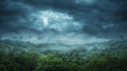 Obraz premium A dense forest appears through mist while heavy rain creates an enchanting scene