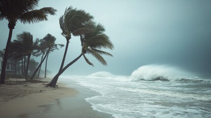 Powerful waves surge against the shore as dark clouds hover over a stormy coastline