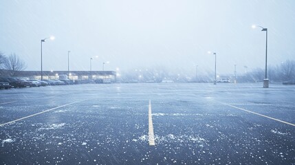 Large hailstones blanket the empty parking lot creating a unique icy landscape