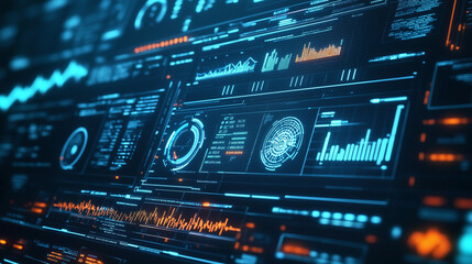 Obraz premium Futuristic Digital Interface Modern Data Screen with Global Indicators, Data Streams, and Complex Forecasting Models