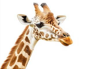 Fototapeta premium The giraffe gazes calmly, showcasing its long neck and unique coat pattern against a stark white background, accentuating its graceful and elegant presence.
