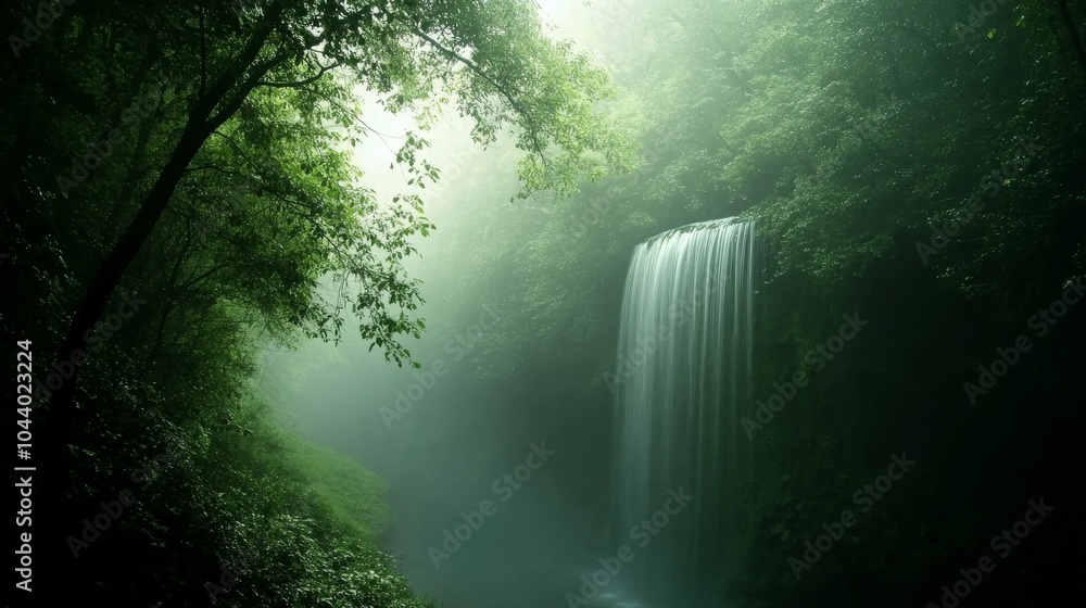 Aufkleber mist envelops the serene waterfall creating an enchanting atmosphere in the forest