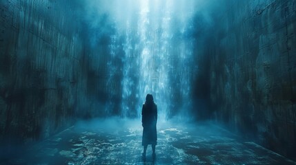 Obraz premium The image is bathed in a cold blue light conveying a sense of isolation and detachment further reinforcing the theme of being ped behind an imtrable wall.