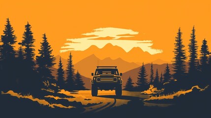 Adventure road trip through scenic mountain wilderness at sunset - ideal for outdoor posters