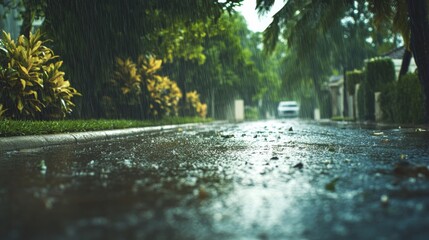 Fototapeta premium Water accumulates rapidly on the streets as rain pours down in a vibrant neighborhood