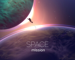 A space mission scene featuring an astronaut floating near two planets with a radiant sunrise, rendered in realistic vector art with detailed 3D effects. vector background.
