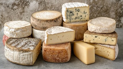 Assorted artisan cheeses on rustic stone surface for culinary display and design