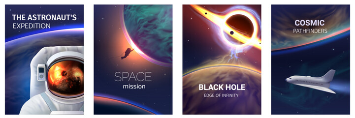 A collection of space-themed posters showcasing astronauts, black holes, and spacecraft, created with realistic vector graphics and 3D effects for a futuristic look.