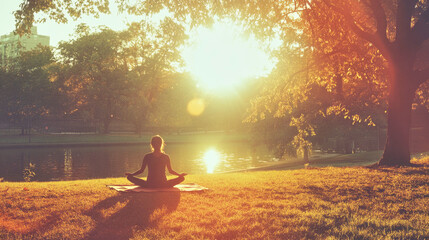 Morning yoga practice in a serene sunlit park with vintage 35mm film touch