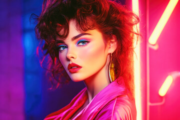 Fototapeta premium Vibrant 80s-inspired women's fashion shoot with bold colors and striking neon lights in an urban setting