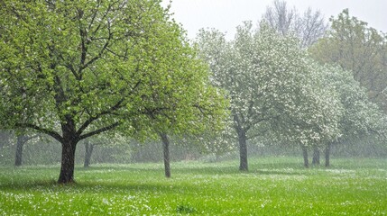Obraz premium Trees are fiercely battered by hail while the vibrant greenery around them endures the storm
