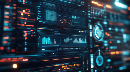 Fototapeta premium Futuristic Digital Interface Modern Data Screen with Global Indicators, Data Streams, and Complex Forecasting Models