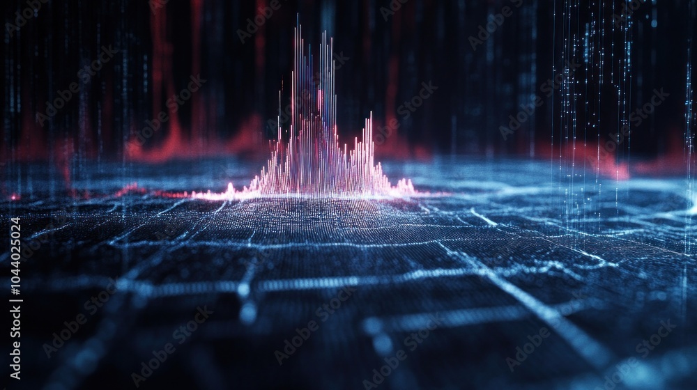 Poster abstract visualization of data with peaks, resembling sound waves or digital signals.