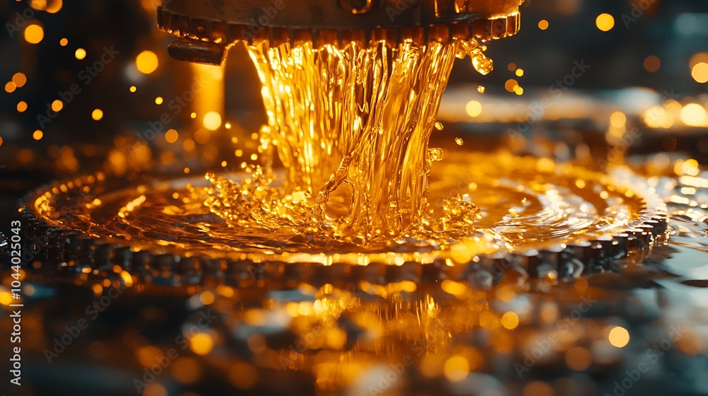 Poster golden liquid splashing over cogs in a machine.