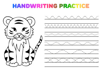 Handwriting practice for kids with outline coloring tiger