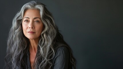 Fototapeta premium Elegant mature woman with long gray hair against dark background
