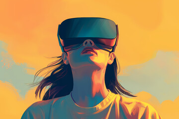 A young Asian woman experiences virtual reality, her expression filled with wonder against a vibrant orange sunset.