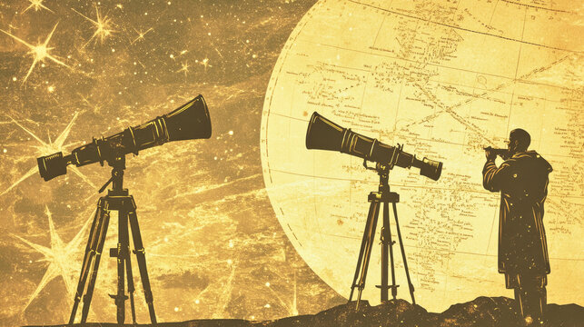 Ancient astronomers observe Venus with telescopes and star maps under a vintage sky
