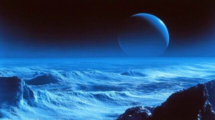 A stunning view of Neptune's blue atmosphere and storms from its moon at twilight